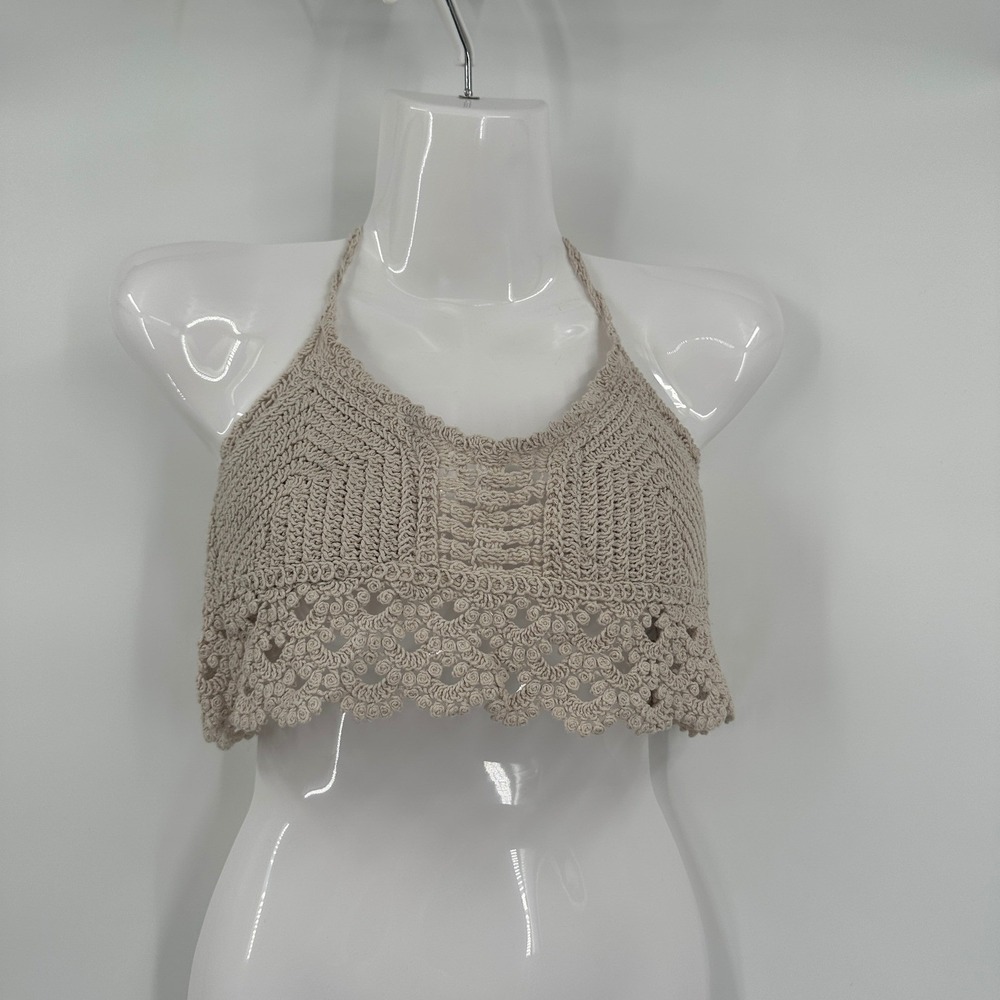 Womens Boho Crochet Halter Crop Top Size S Festival Hippie Eclectic Indie Beachy